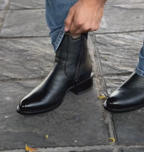 Black shiny Italian handmade zipper ankle boots