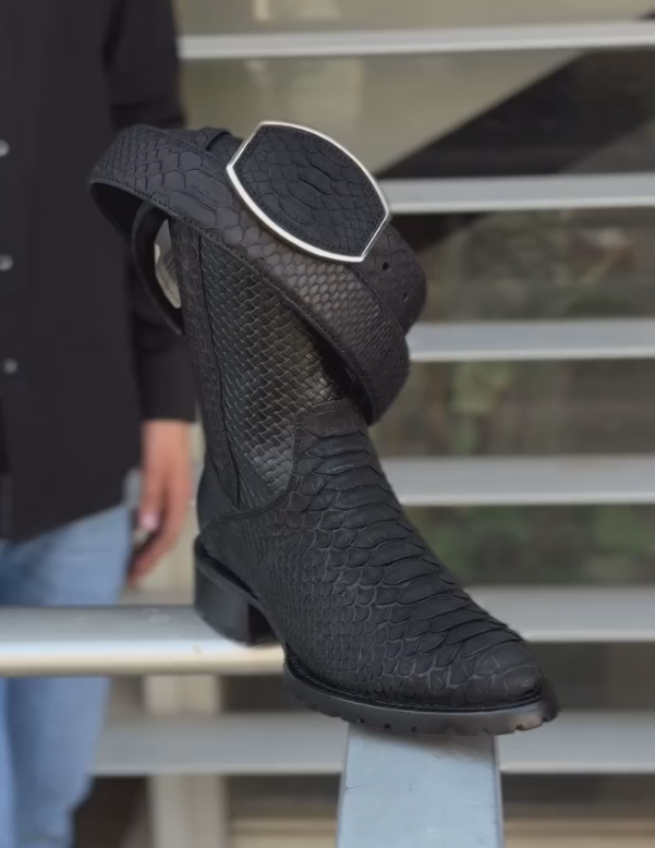 Matte black Italian handmade zip-up crocodile mid-calf boots