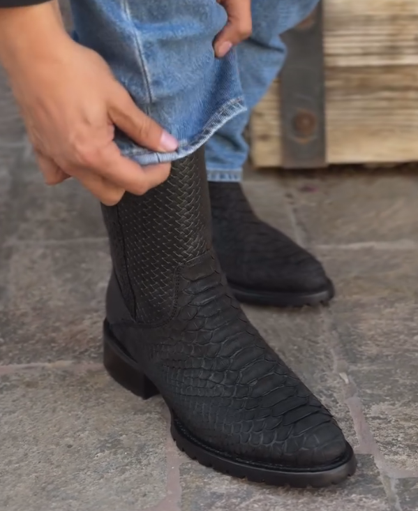 Matte black Italian handmade zip-up crocodile mid-calf boots