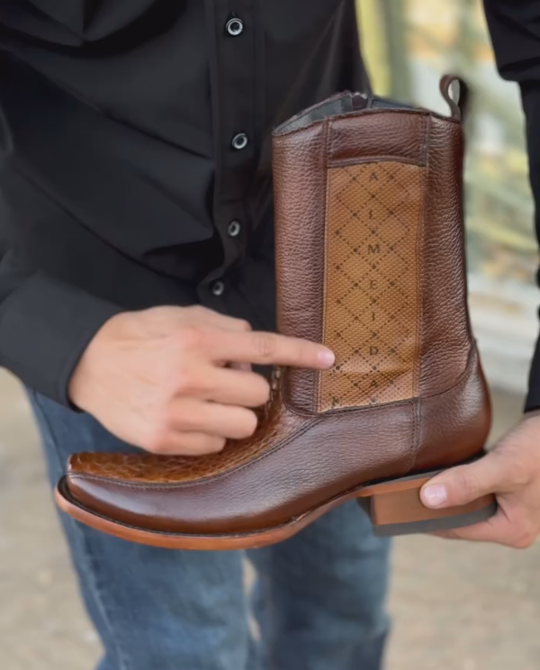 Brown lettering textured shiny Italian handmade mid-calf boots