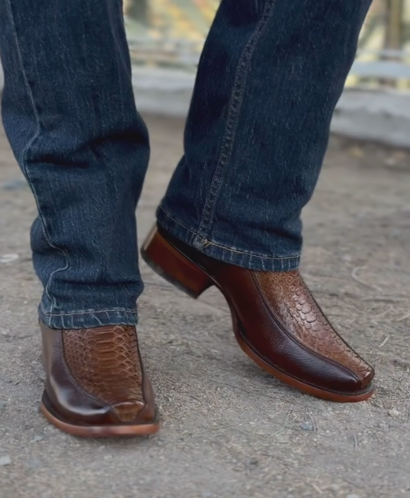 Brown lettering textured shiny Italian handmade mid-calf boots