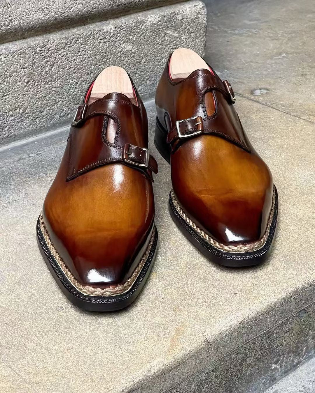 Brown gradient double buckle Italian high-end handmade leather shoes