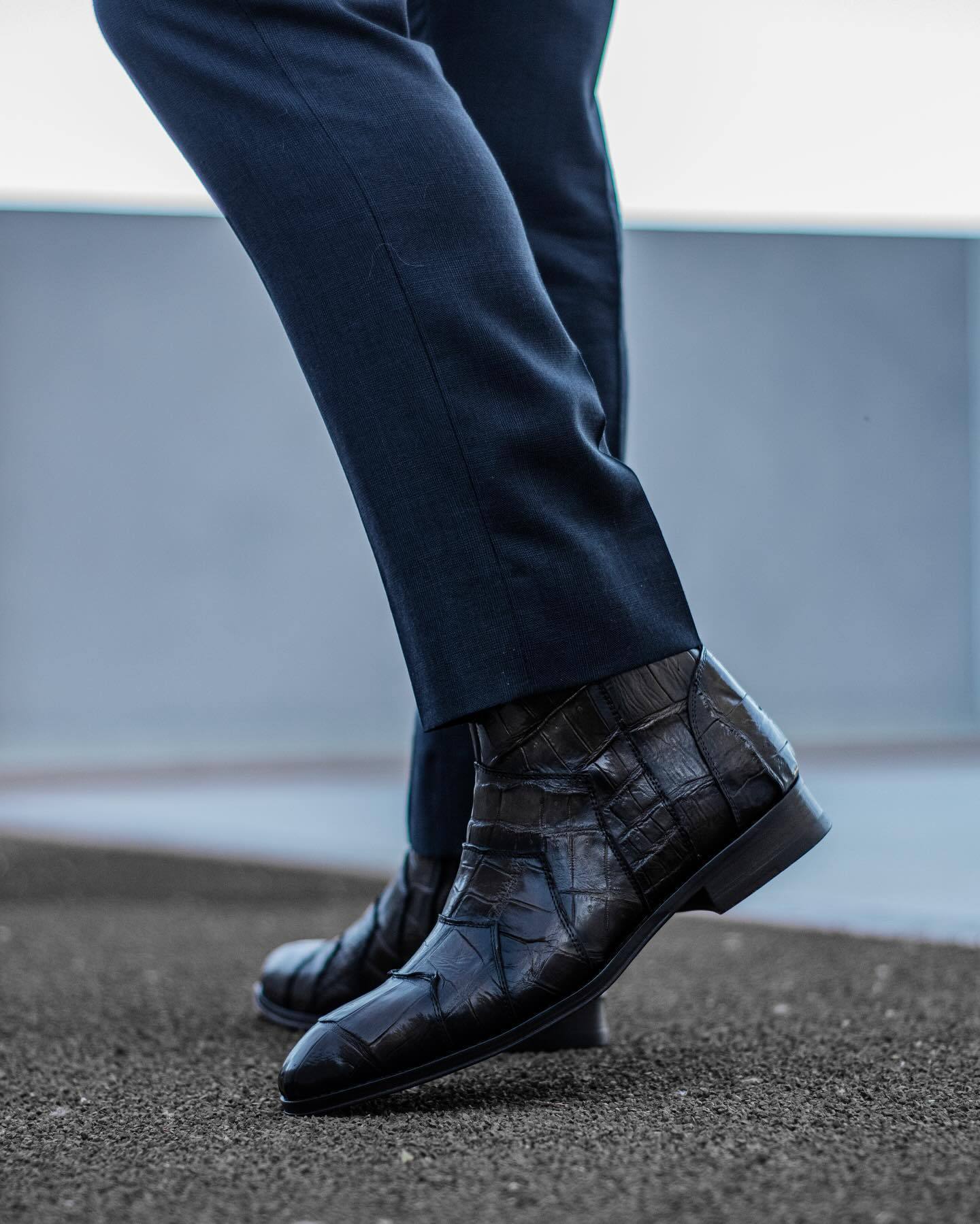 Brown and black gradient side zipper textured leather boots
