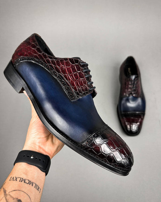 Crocodile leather blue lace-up gentleman's leather shoes