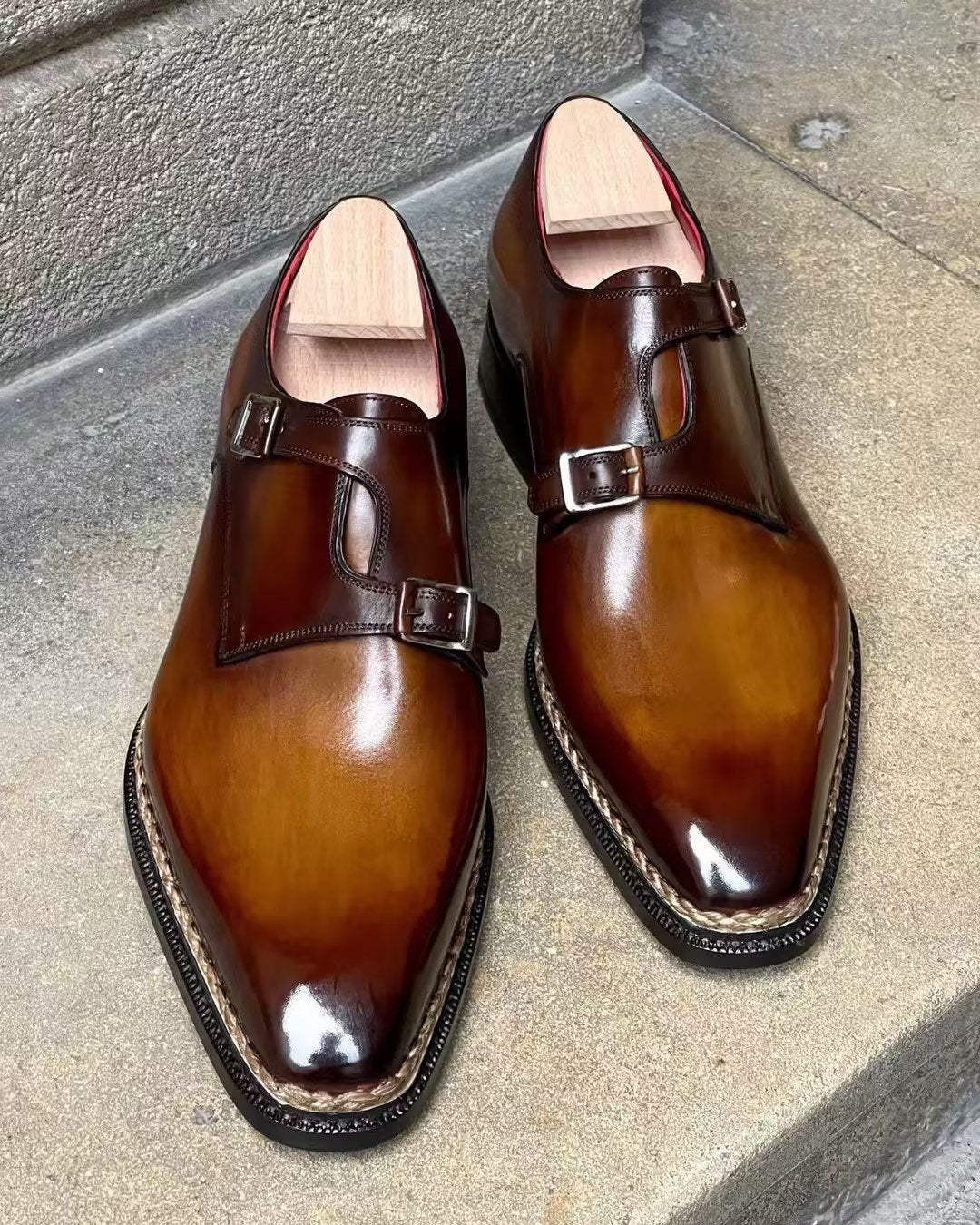 Brown gradient double buckle Italian high-end handmade leather shoes