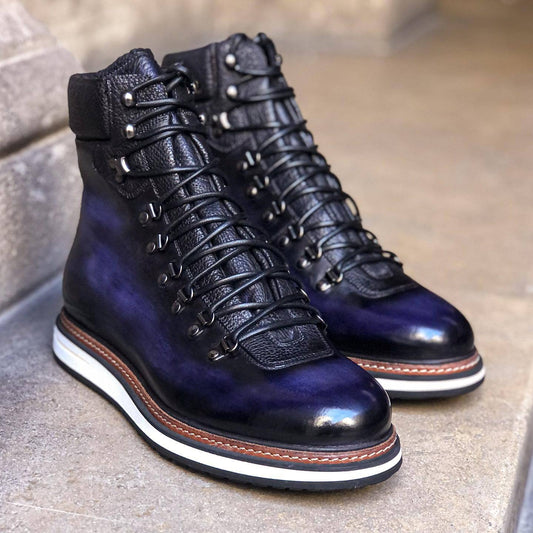 High cut lace up deep blue gradient leather shoes