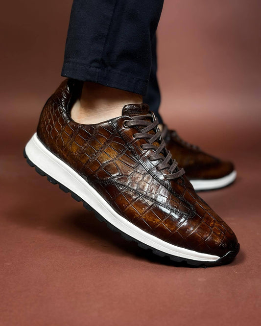 Lace-up dark brown crocodile leather gentleman's sports shoes