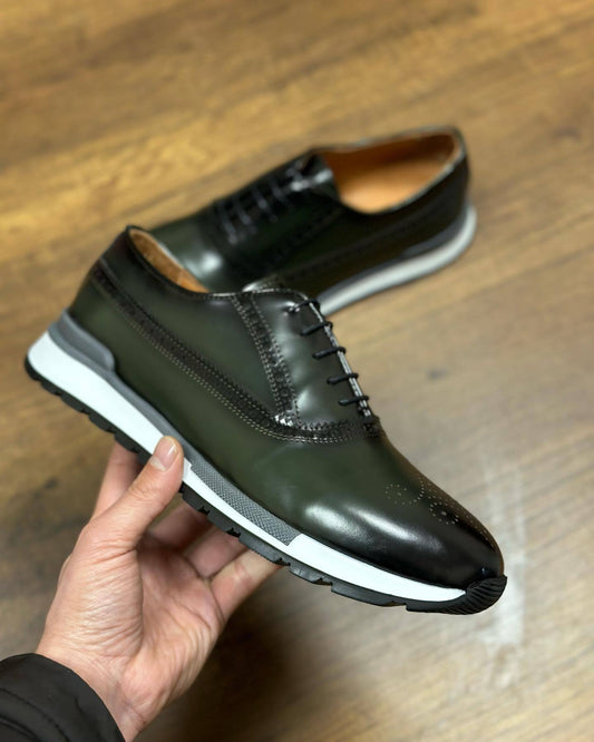 Dark green sports leather shoes