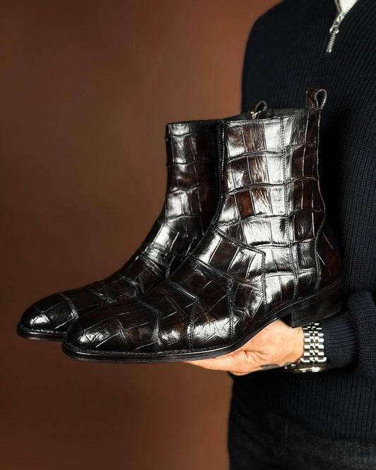 Dark brown gentleman's side zipper textured leather boots
