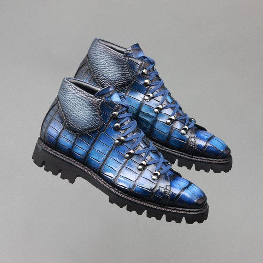 Blue crocodile leather plush Italian handmade leather shoes