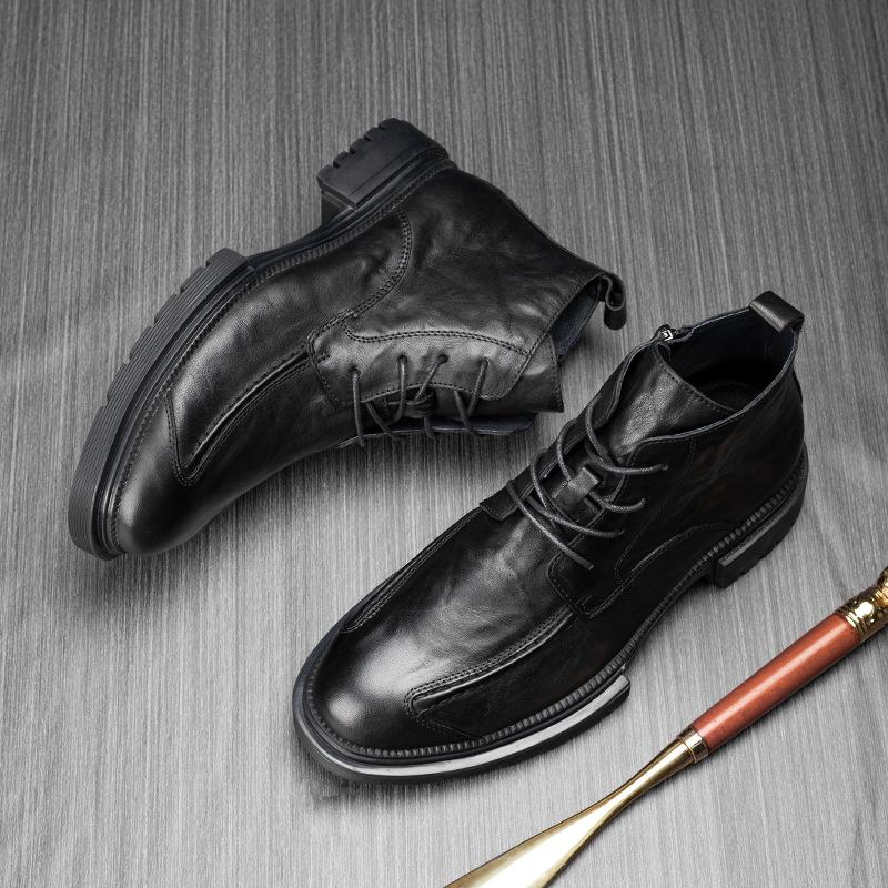 Leather high top zipper thick bottom round head commercial worker boots