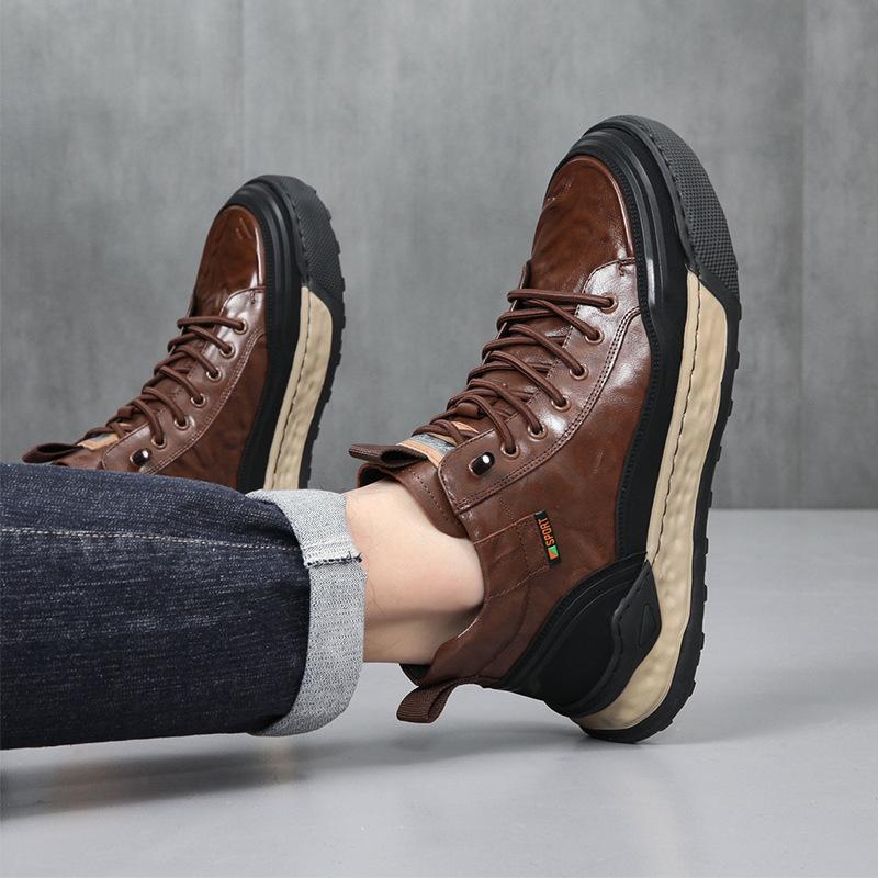 Black brown genuine leather thick sole for warmth no need to tie shoelaces casual shoes
