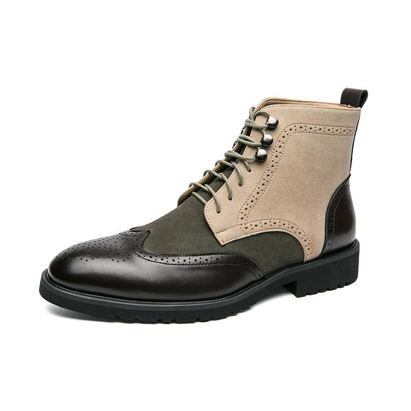 High end pointed Brock carved double fighting color British casual leather boots