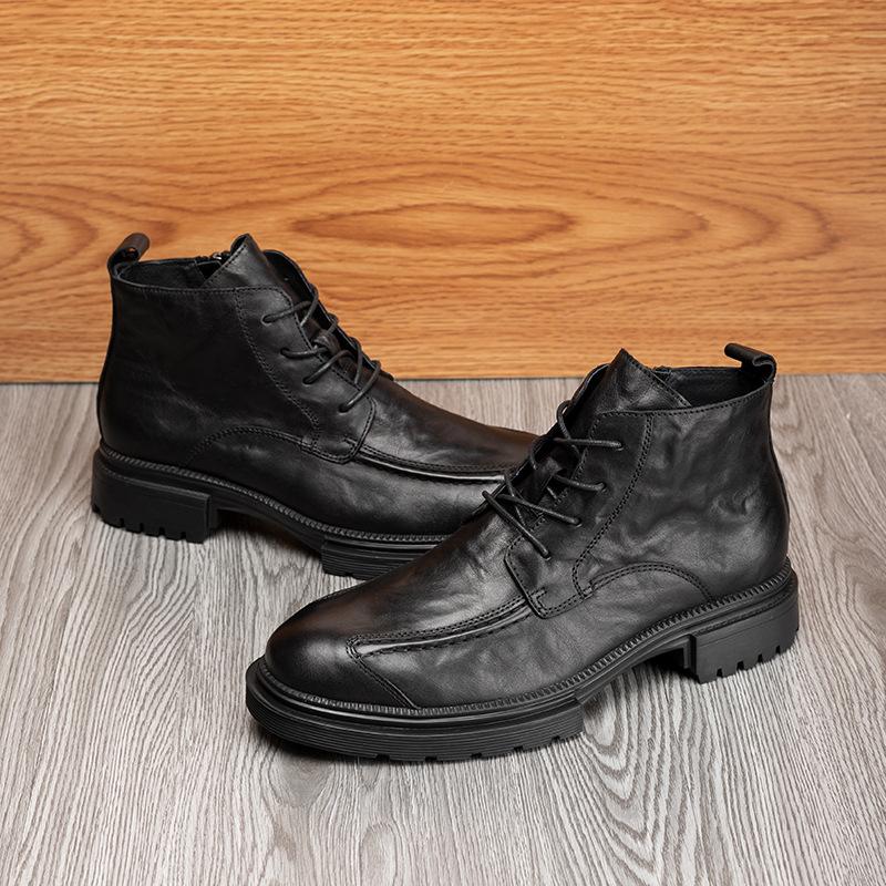Leather high top zipper thick bottom round head commercial worker boots