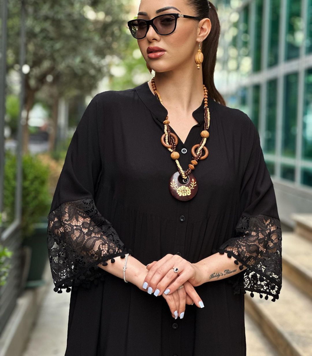 Black Casual Dress with Lace Sleeves