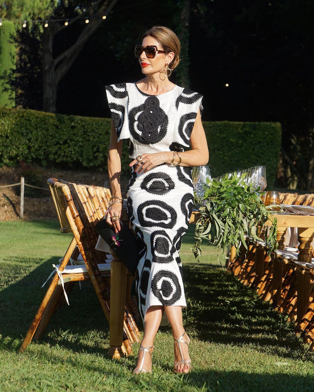 Black and white patterned lace dress
