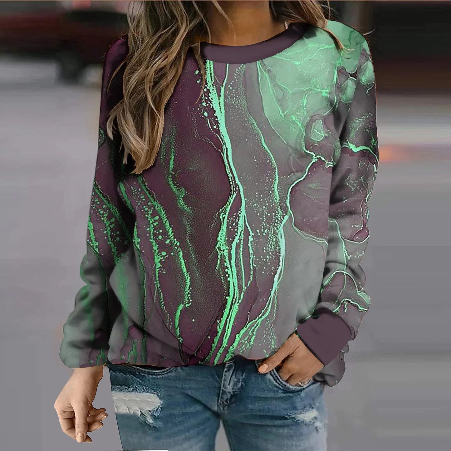 Autumn and winter geometric loose printing long sleeve round collar sweater