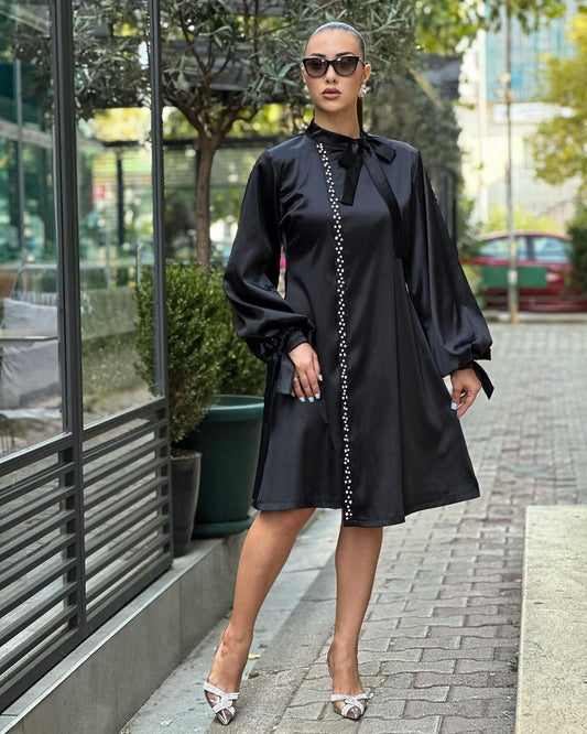 Black Pattern Long Sleeve Mid Dress