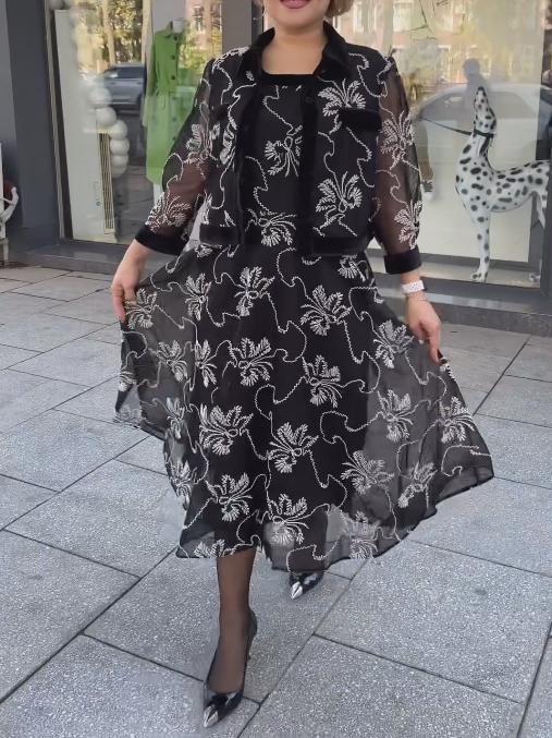 Black embroidered flower two-piece long dress