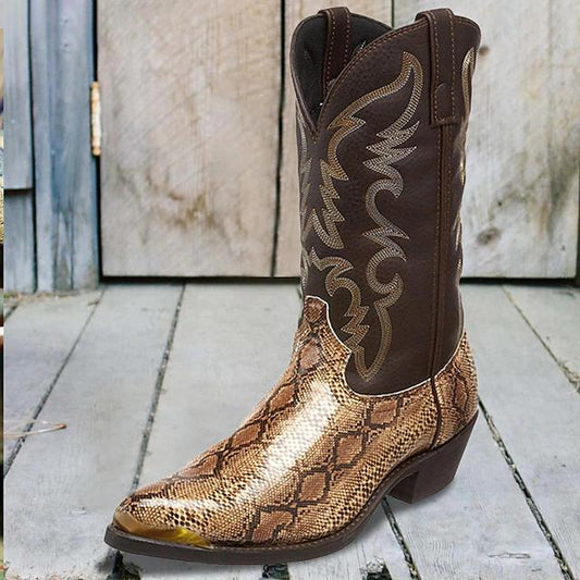 Printed snake high heeled iron head western denim boots