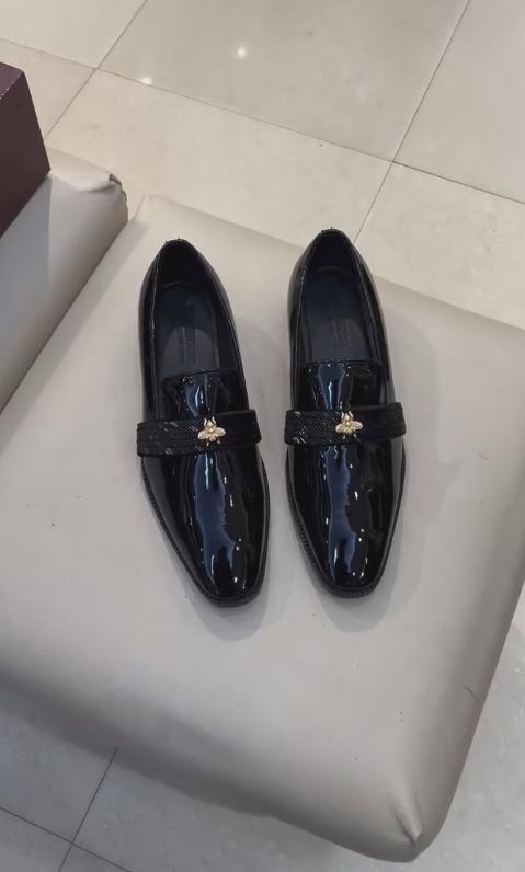 Pure black sequined bee Italian handmade leather shoes
