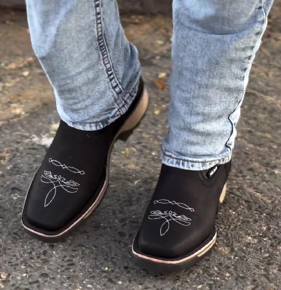 Black embroidered vintage denim boots