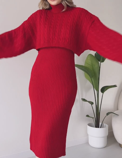 Solid Color Turtleneck Sweater Dress Set