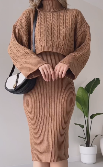 Solid Color Turtleneck Sweater Dress Set