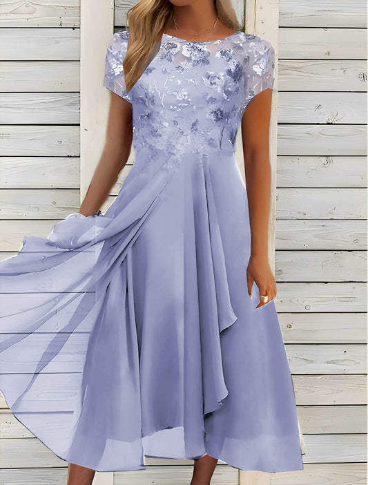 Multicolor Short Sleeve Floral Solid Petal Trim Lace Dress