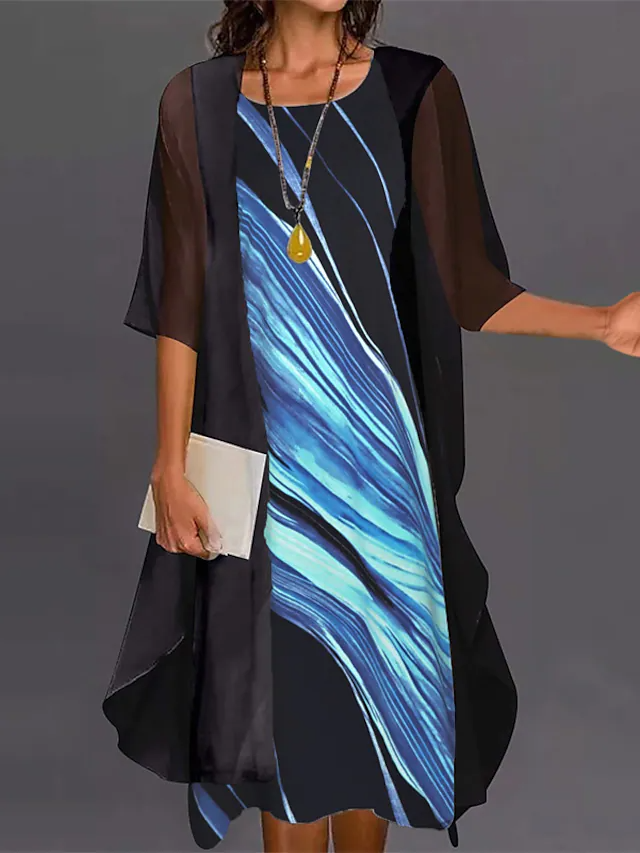 Black White Blue Half Sleeve Tie Dye Ruched Winter Fall Spring Crew Neck Casual dress