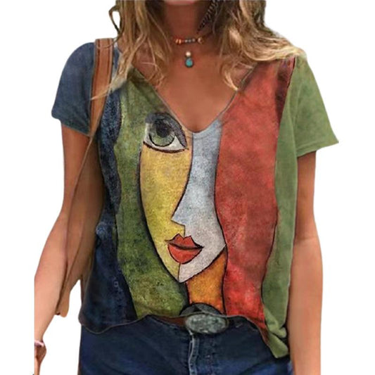 Abstract Face Short Sleeve V-Neck Blouse