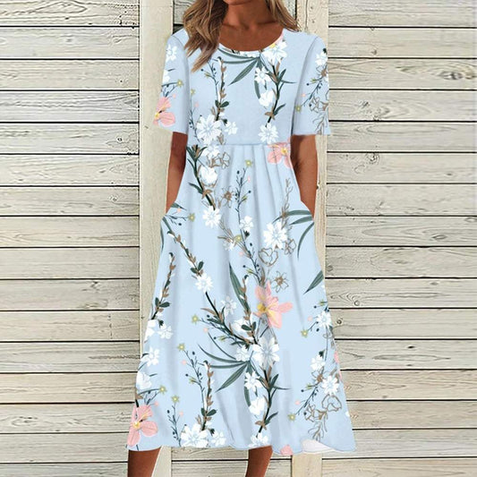 Chic Floral Print Short Sleeve Midi Dress