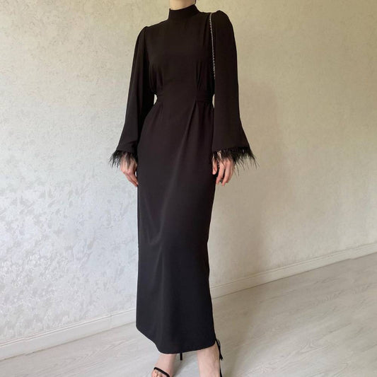Elegant Black Furry Sleeves Maxi Dress