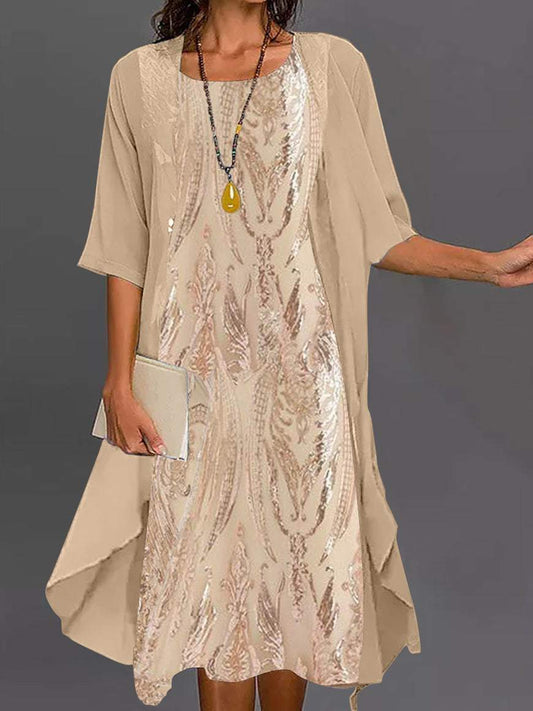Women's Elegant 3/4 Sleeves Two-Piece Dress Color Gradient Retro Print Round Neck A Line Midi Dresses