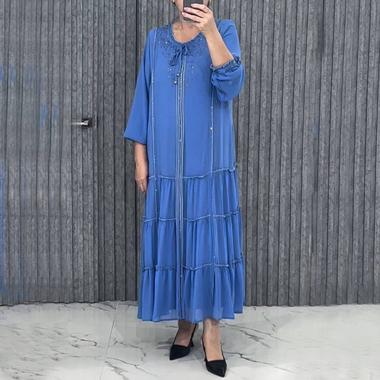 Elegant Blue Rhinestone Stitching Maxi Dress