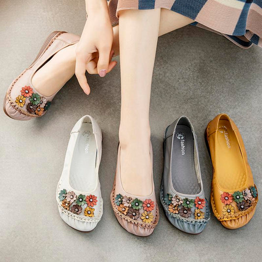 Hand-stitched flower leather casual shoes