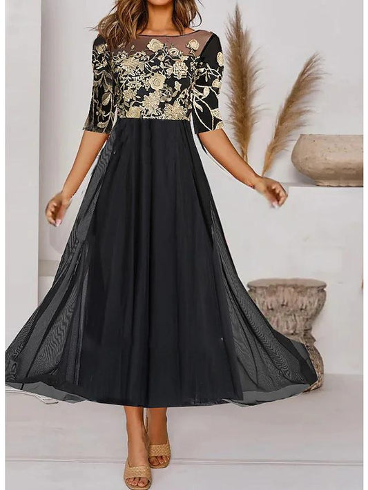 Black Half Sleeve Floral Print Crew Neck Modern Wedding Dress