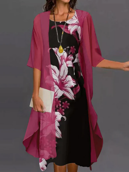 3/4 Length Sleeve Floral Print Winter Fall Round Neck Stylish dress