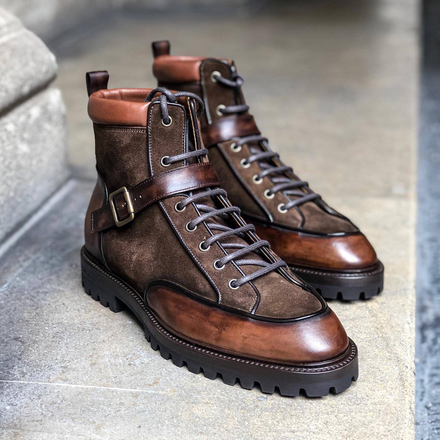 Brown mid cut color blocking leather shoes