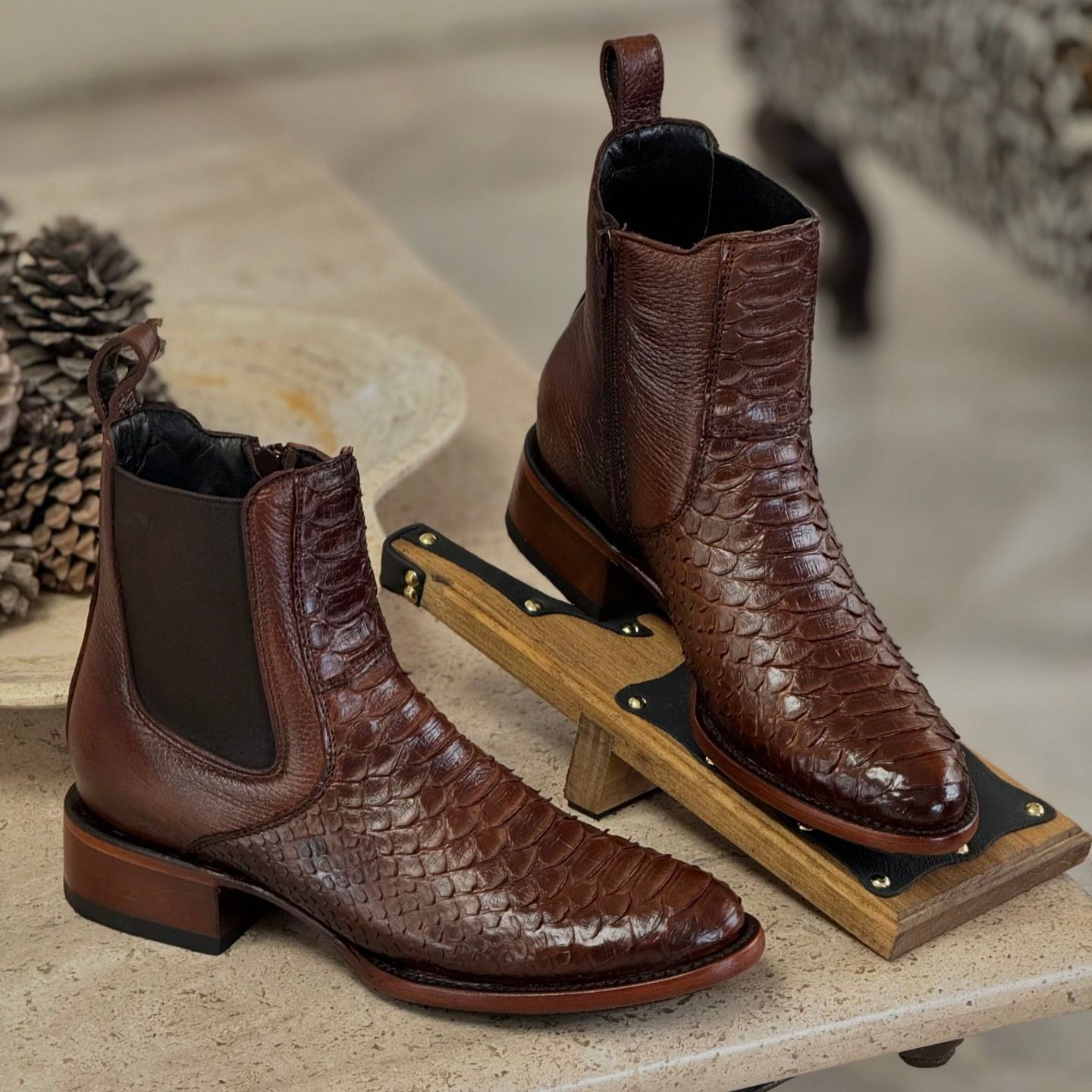 Brown crocodile leather boots