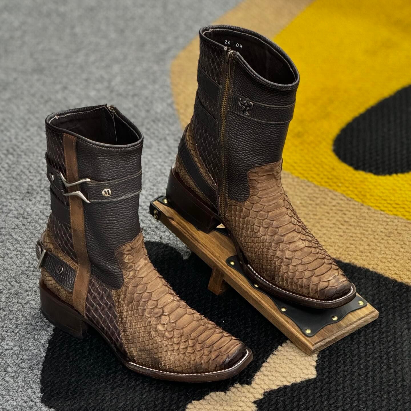 Brown crocodile pattern buckled mid-calf cowboy boots