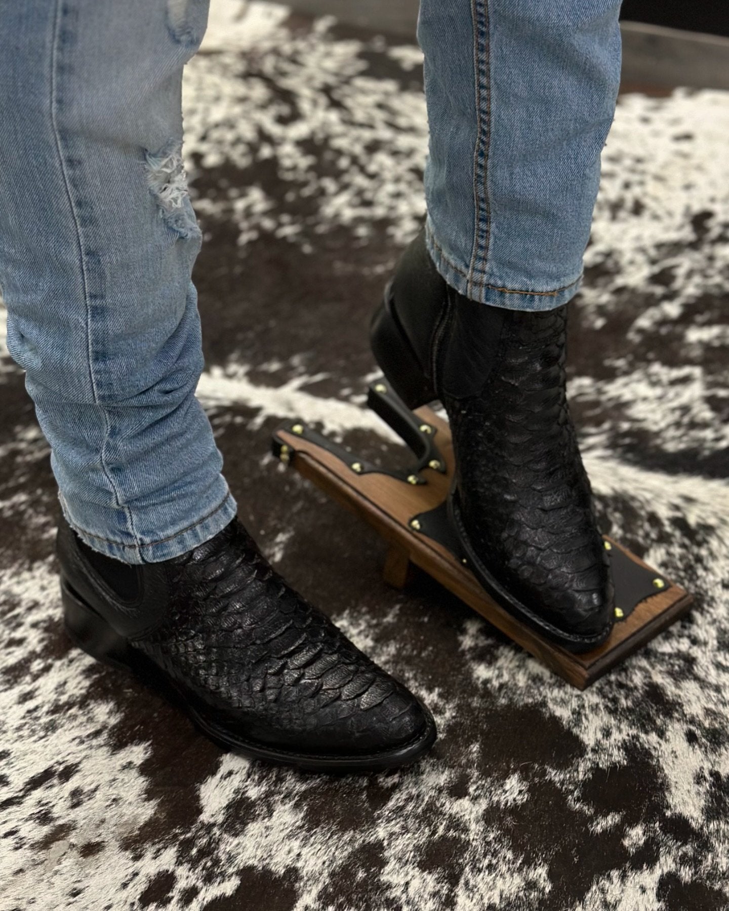 Black Warrior Crocodile Print Mid-Cut Zip-Up Leather Boots