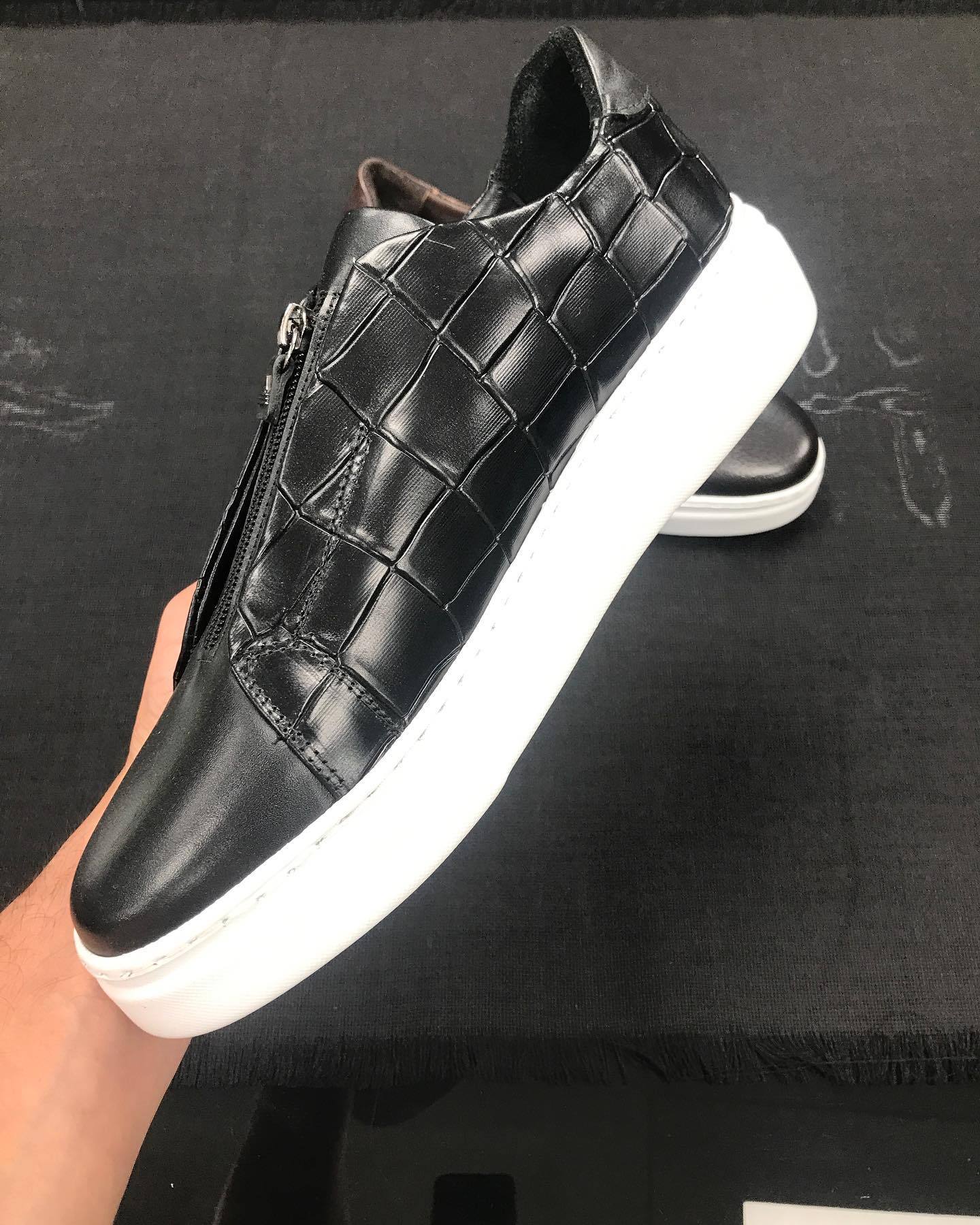 Black Crocodile Mesh Zip Sneakers
