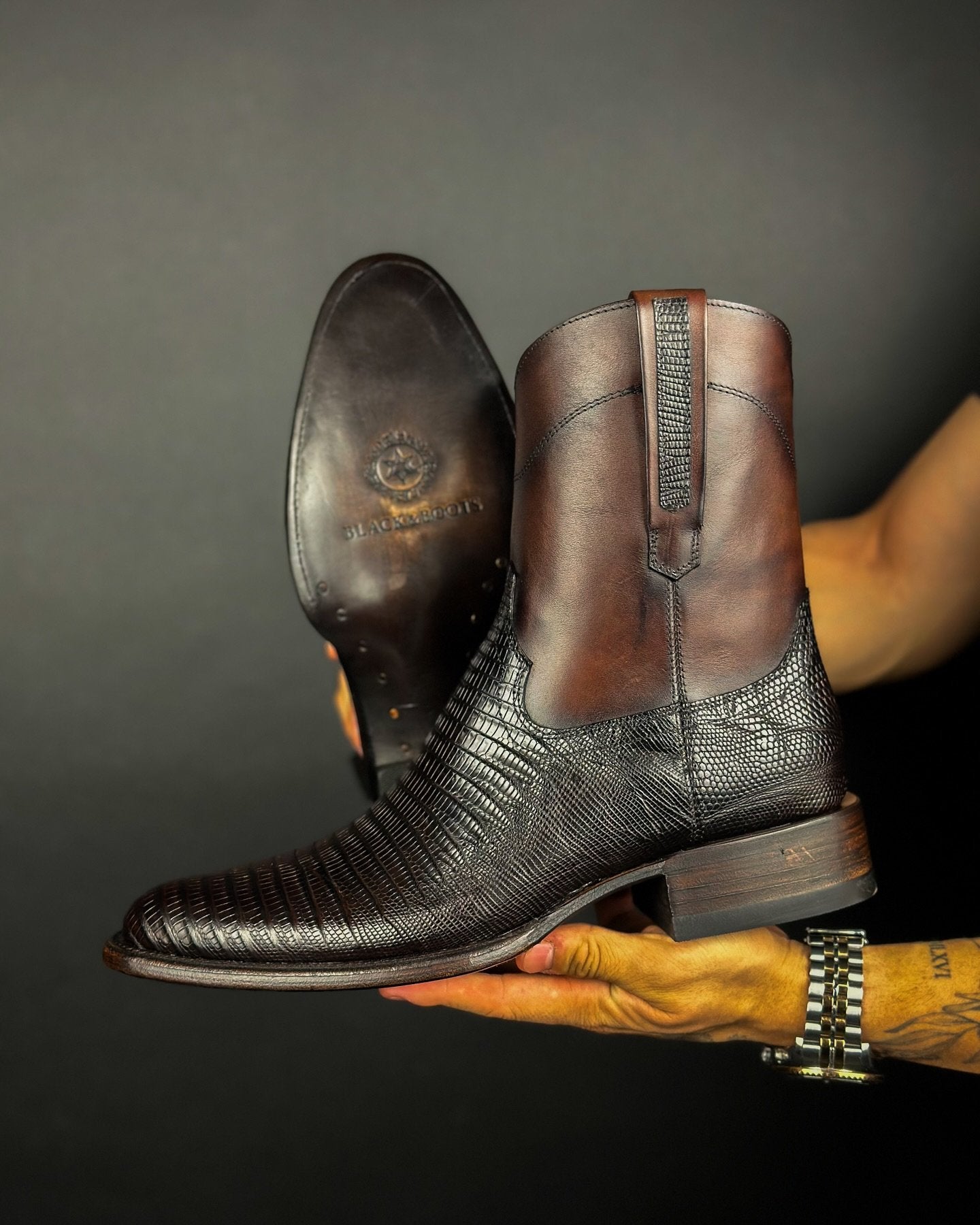 Black and brown textured denim boots