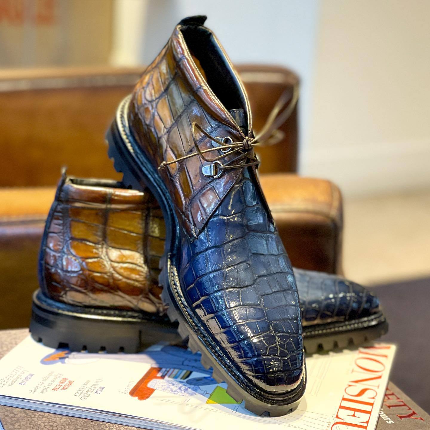 Retro crocodile skin dark blue brown color block leather shoes