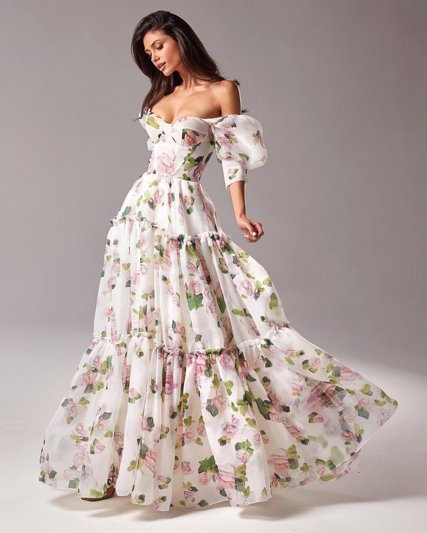 White pink rose mid-sleeve long dress