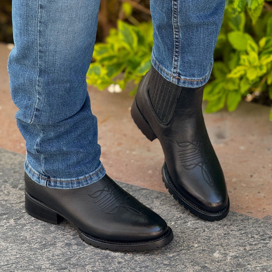 Black Embroidered Textured Cowboy Boots