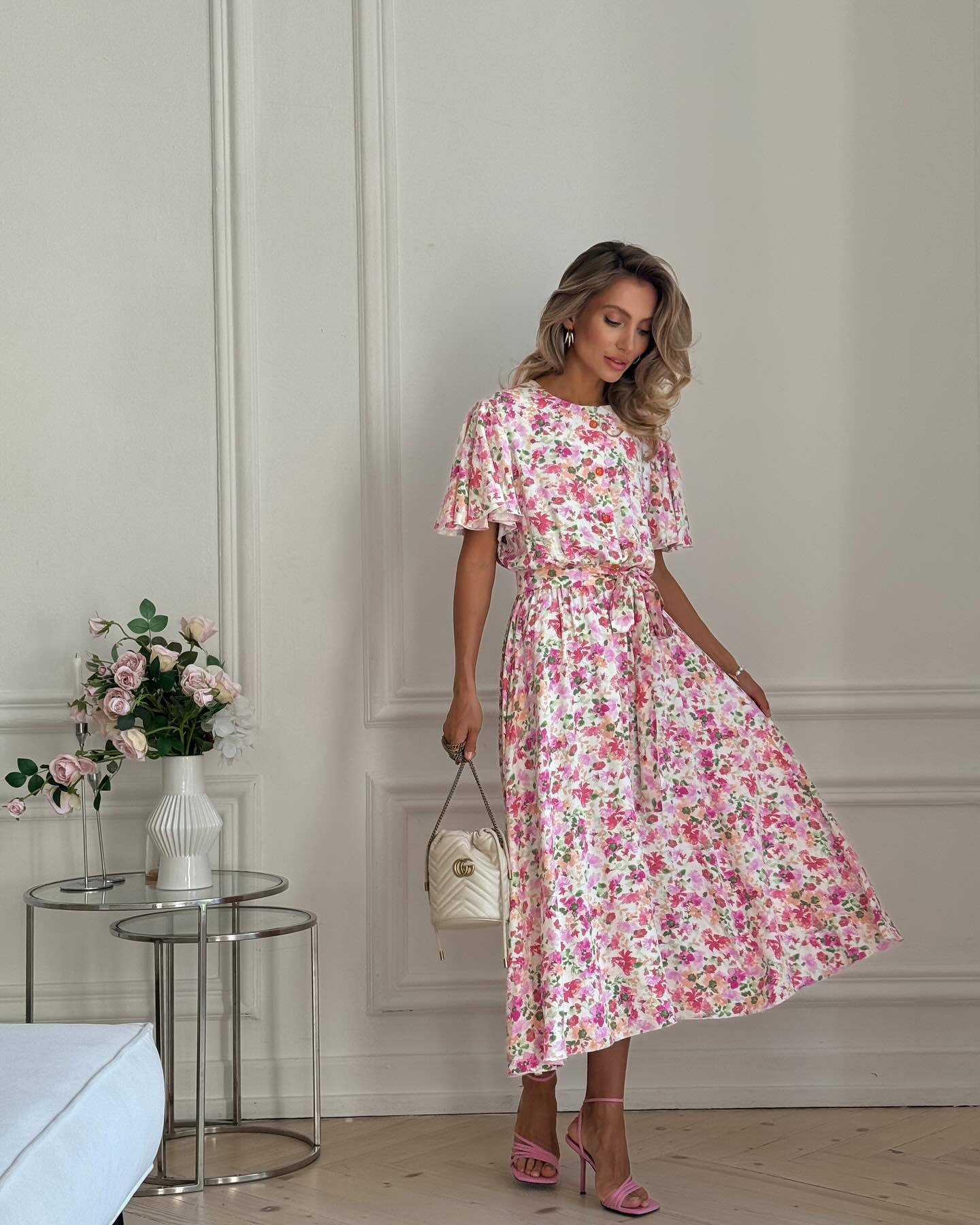 Pink Floral Autumn Elegant Dress