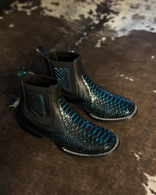 Blue crocodile leather boots