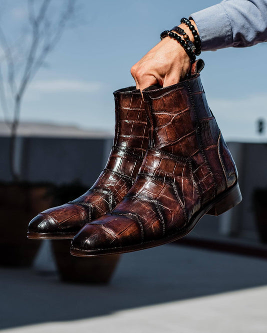 Brown and black gradient side zipper textured leather boots